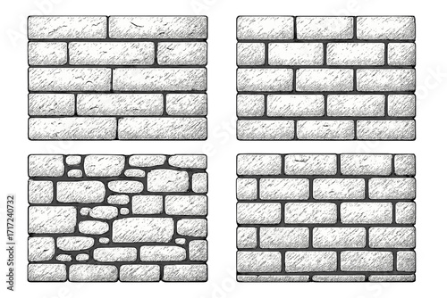 Hand drawn brick textures set. Vector sketch illustration of stone wall patterns. Building material seamless background. Masonry, stonework, and brickwork construction elements.