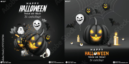 Set of Happy Halloween party celebration social media poster designs with bats, pumpkins, and candles. Black Halloween banner collection design template. Haunted Halloween party design with spooky.