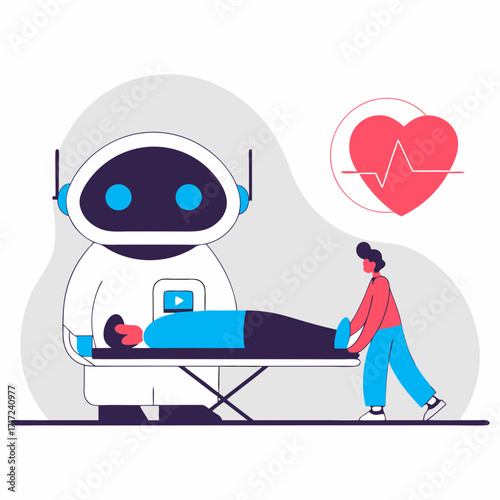 Paramedic Transports Injured Patient With Futuristic AI Assistant Suggesting Medical Interventions Using Modern Flat Vector Style, emergency, emergency, ai assistant, emergency, ai assistant, injured