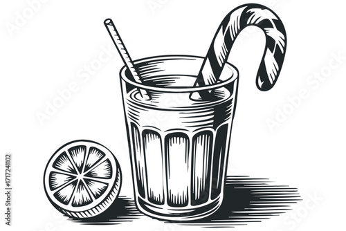Glass with beverage and citrus slice with candy cane on. Vector hand drawn