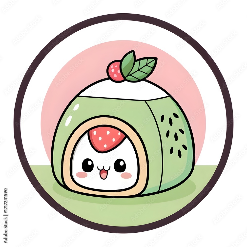 Obraz premium Adorable Chibi Cartoon Mochi Cube Rolled In Kinako Powder, Kawaii Japanese Dessert Illustration, Cute Sweet Snack Character Art Design For Fun Playful Traditional Vibes