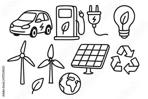 Hand drawn eco friendly energy icons. Doodle vector set with electric car, charging station, solar panel, wind turbine. Green power, sustainability and ecology concept illustration.
