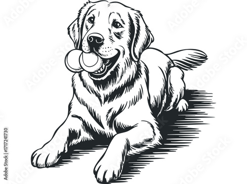 Golden Retriever dog lying down with a ball in its mouth. Vector hand drawn