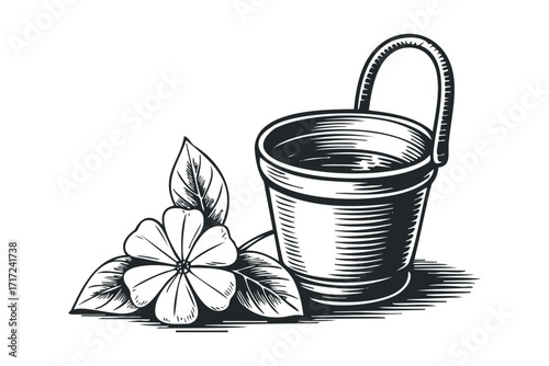Detailed line art drawing of a rustic bucket with a single blooming flower and leaves. Vector hand drawn