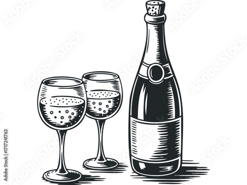 Bottle and two glasses with sparkling drink. Vector hand drawn
