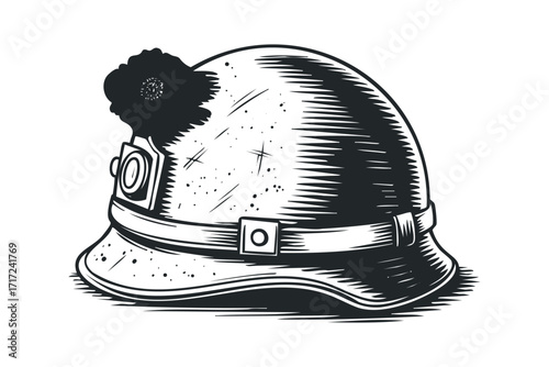Antique miner helmet with light. Vector hand drawn