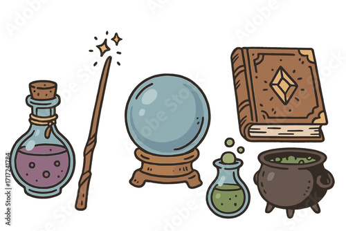 Vector collection of magic items. Witchcraft and wizardry set with potion bottle, magic wand, crystal ball, spell book, cauldron. Hand drawn cartoon fantasy alchemy icons.