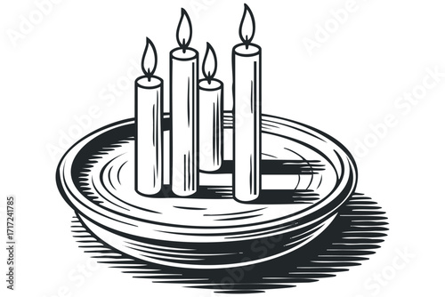 Pewter Bowl Holds Four Lit Candles with Wicks Flaming. Vector hand drawn