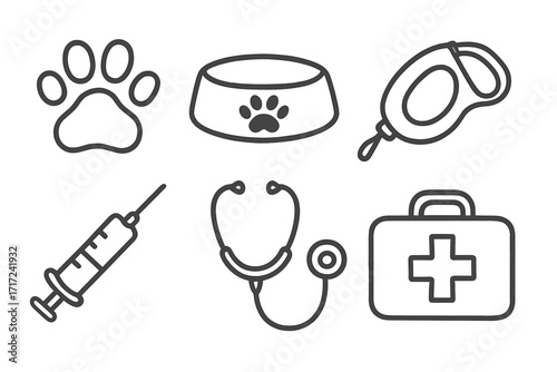Hand drawn pet care icon set with paw, bowl, leash, syringe, stethoscope, first aid kit. Vector line art illustration for veterinary clinic, animal hospital, pet shop symbols.