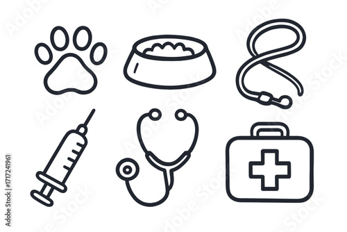 Pet care line icon set. Hand drawn vector symbols. Veterinary medicine concept. Paw, food bowl, leash, syringe, stethoscope, first aid kit. Animal health illustration for vet clinic.