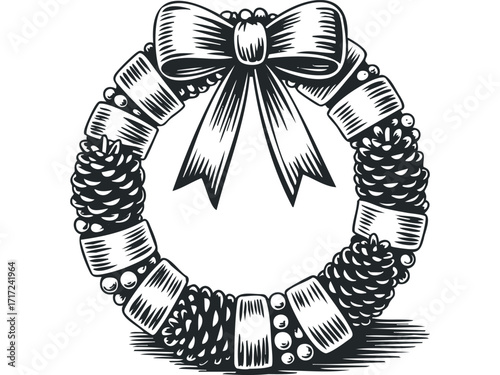 Ornamental Pine Cone and Ribbon Wreath Graphic. Vector hand drawn