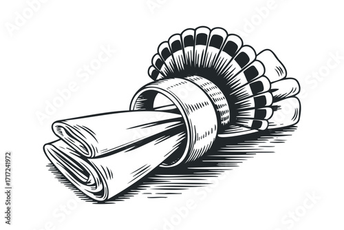 Folded Napkin Secured by a Decorative Ring. Vector hand drawn