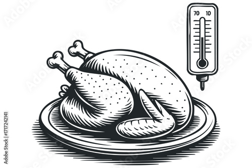 Roasted chicken plate with a thermometer. Vector hand drawn