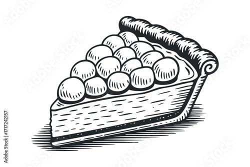 Slice of fruit pie with flaky crust, drawn in a woodcut style, isolated on white. Vector hand drawn
