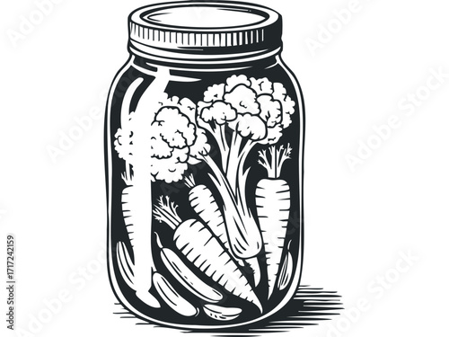 Preserved Vegetables in Glass Jar. Vector hand drawn