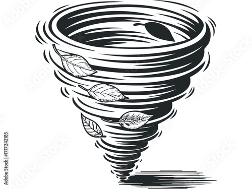 Tornado swirl with falling leaves on. Vector hand drawn