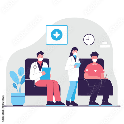 Modern medical professionals attend to patients in a clean, bright clinic waiting room, ensuring care and comfort.