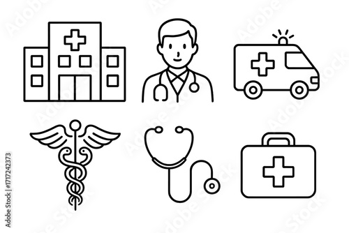 Medical icon set. Healthcare line icons. Vector illustration of hospital, doctor, ambulance, caduceus, stethoscope, first aid kit. Medicine and emergency symbols pack.