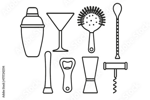 Bartender kit vector line icon set. Essential bar tools for making cocktails. Includes shaker, martini glass, strainer, muddler, jigger, bar spoon, opener, and corkscrew.