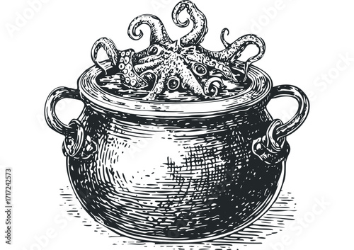 Engraved octopus emerging from a cauldron. Vector hand drawn