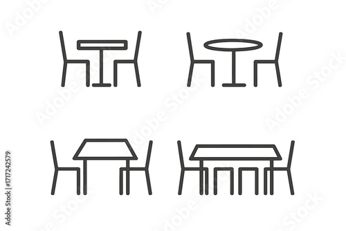 Minimalist dining set icons. Simple line art of tables and chairs. Vector furniture illustration for interior design. Restaurant, cafe, home kitchen symbol. Modern outline graphic.