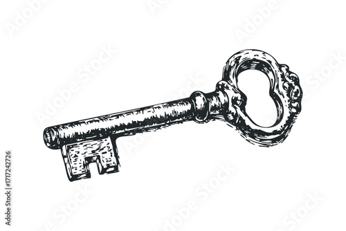 Ornate Skeleton Key Hand Drawn Sketch Isolated. Vector hand drawn