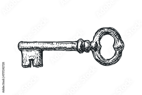 Antique skeleton key illustration on. Vector hand drawn