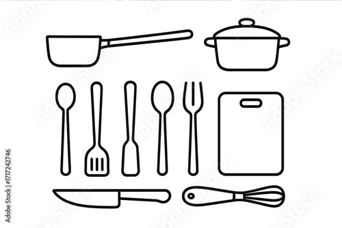 Minimalist kitchen utensils line art icon set. Vector illustration of cooking essentials and kitchenware. Cookware, cutlery, and tools for food preparation and gastronomy.