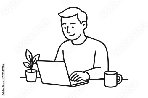 Man working on laptop computer at home office desk with coffee. Freelancer character concept. Minimalist line art vector illustration. Person studying or programming online.