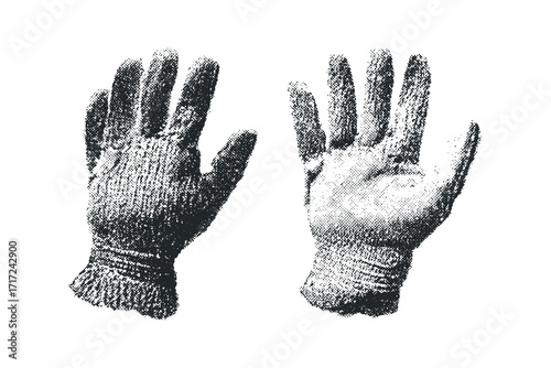 Two textured knit gloves shown from different angles white. Vector hand drawn