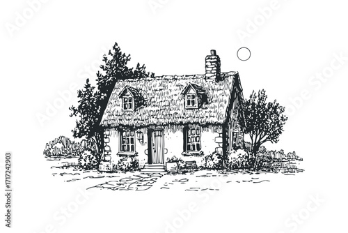 Pencil sketch of a quaint cottage with thatched roof and stone chimney. Vector hand drawn