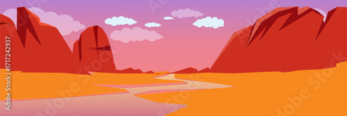 Death Valley National Park illustration. Rocky Desert landscape, american valley 2d aGrand canyon park desert at sunset cartoon vector illustrationrt. Colorful wild west, vector illustration.