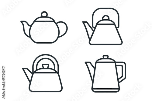 Minimalist teapot and kettle icons in a linear outline style. Set of diverse vector designs for modern kitchen themes, hot drinks, tea time, cafe menus, and cookware graphics.