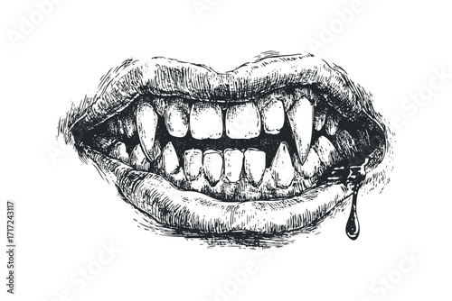 Vampire Mouth with Fangs and Dripping Blood. Vector hand drawn
