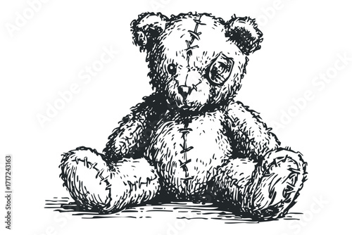 Vintage teddy bear sketch on. Vector hand drawn