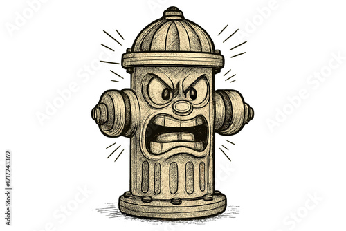 Angry fire hydrant cartoon character with a furious expression. Retro sketch style vector illustration of a raging city street element. Concept of pressure, frustration, and fury.