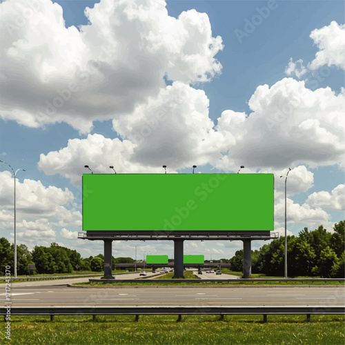 Large Green Screen Billboard on Highway with Blue Sky.