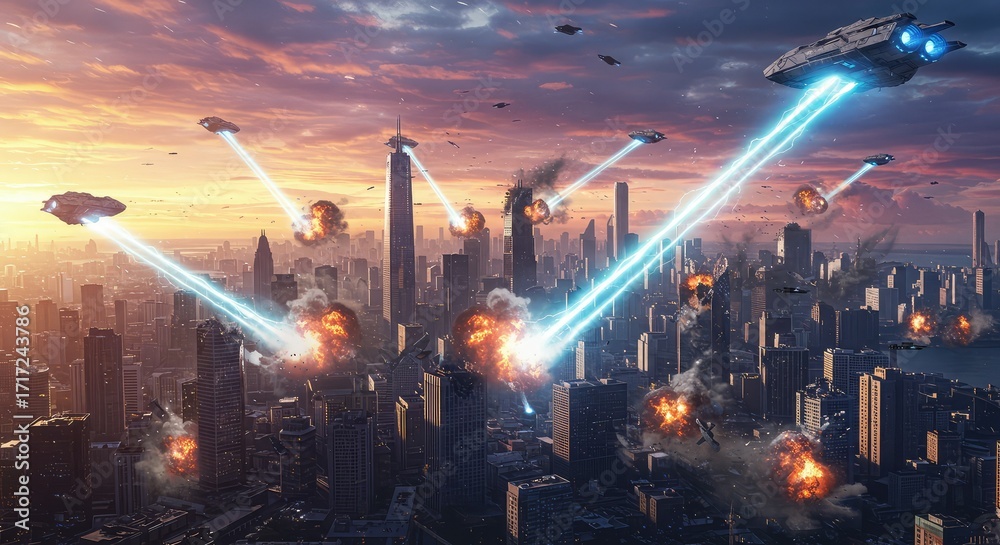 Obraz premium Futuristic spaceships attacking a sprawling cityscape with explosions and laser beams under a dramatic sunset sky, perfect for science fiction concepts