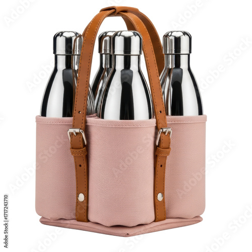 Insulated Stainless Steel Water Bottles with Pink Carry Holder 
