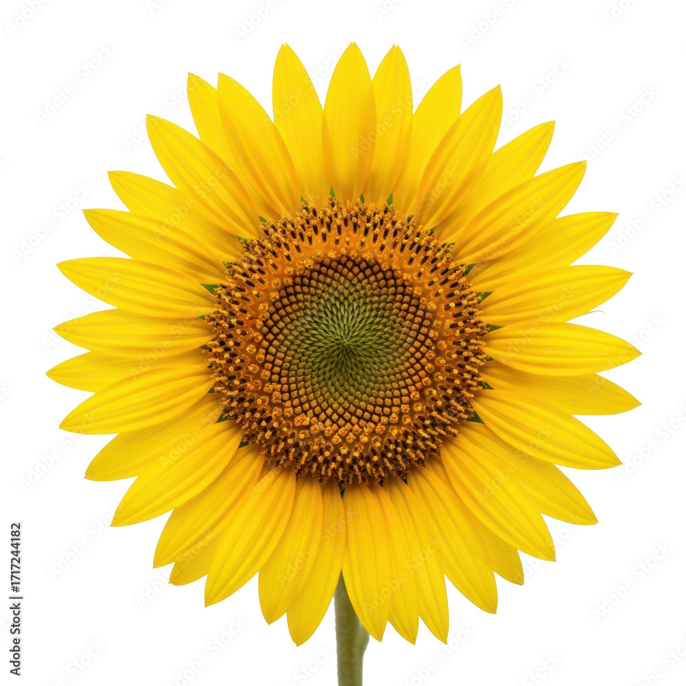 Fototapeta premium Pristine, vibrant sunflower with luminous yellow petals and intricate dark brown florets on a transparent background with copy space, showcasing natural beauty and vitality concept.