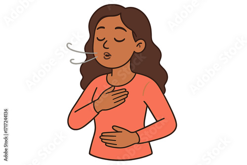 Woman practicing deep breathing technique for mindfulness and relaxation. Vector for stress relief, calm, meditation, breathwork, mental health. Self-care wellness concept.