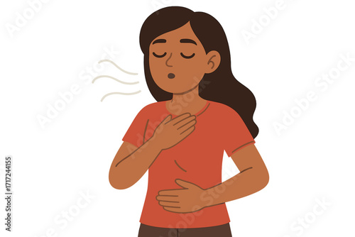 Woman practicing deep breathing exercise for relaxation, mindfulness, and stress relief. Mindful belly breathing for anxiety management, mental health, and calm wellness.