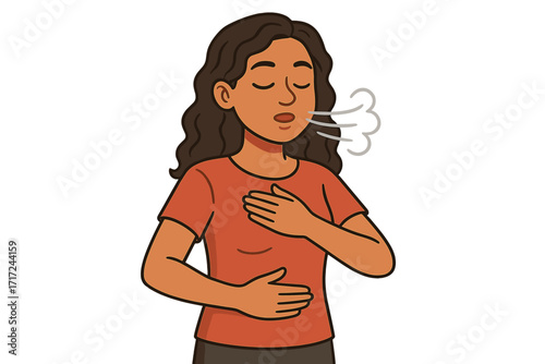 Woman practicing deep breathing technique for mindfulness and relaxation. Concept of breathwork for mental wellness, calm, and stress relief. Vector cartoon of a breathing exercise.