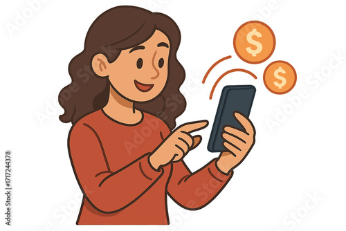 Woman using mobile app for online payments, sending and receiving money. Vector cartoon character with smartphone making a financial transaction. Digital wallet, e-commerce concept.