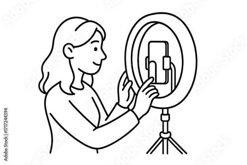 Woman vlogger setting up smartphone on ring light for live streaming. Content creator with mobile phone for social media video. Outline vector cartoon illustration.