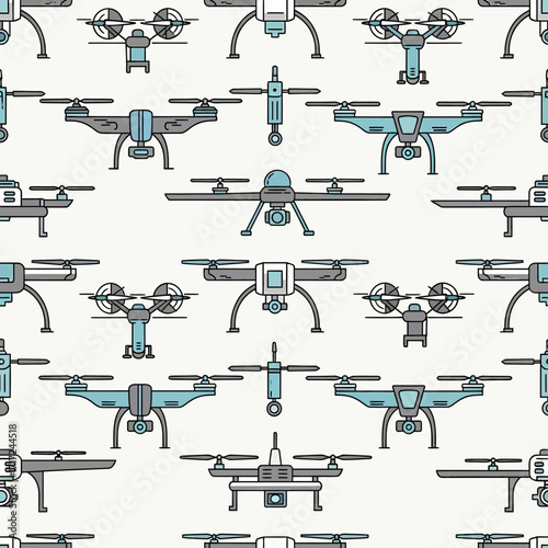 Seamless pattern featuring various drone illustrations, perfect for technology-themed designs and backgrounds.