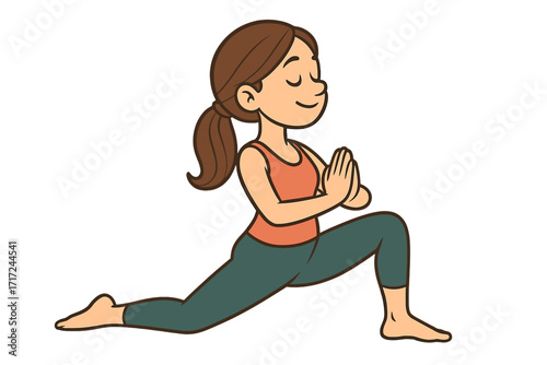 Young woman in low lunge yoga pose. Anjaneyasana practice for wellness and balance. Peaceful girl meditating. Vector cartoon character illustration for fitness and health.
