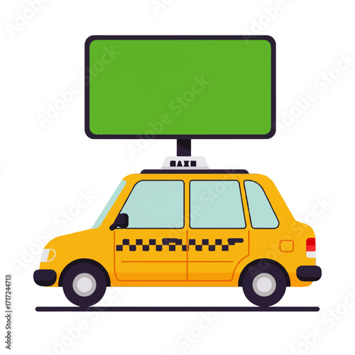 Yellow Taxi Cab with Blank Green Screen Billboard.
