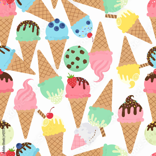 Colorful and delicious ice cream cones with various flavors and toppings arranged on a white background.