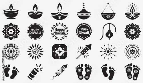 Collection of Diwali Festival Icons and Symbols in Silhouette india hindu